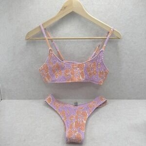 Volcom Purple Orange Floral Smocked Hibiscus Bikini Set Small Beachwear Swimwear
